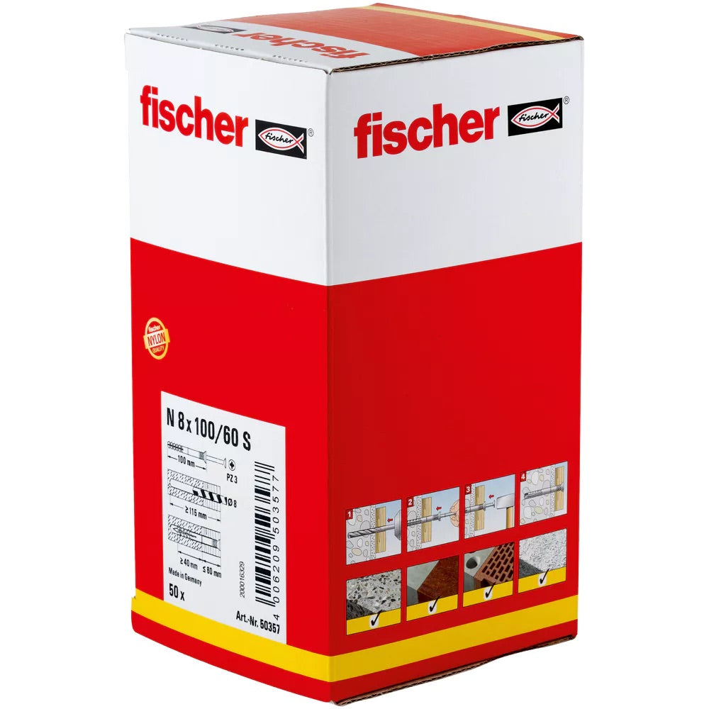 fischer Nageldübel N 8 x 100/60 S Senkkopf Packung mit 50 Stück