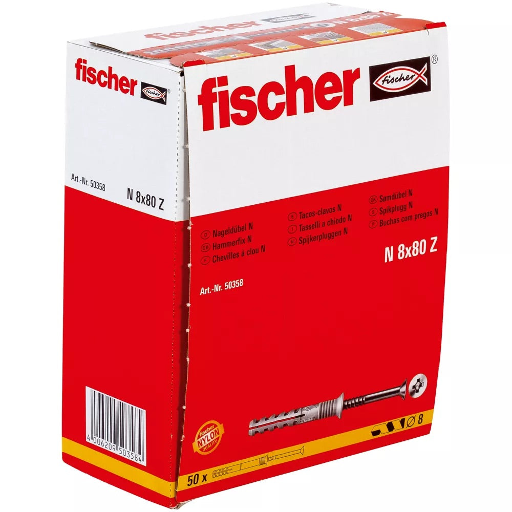 fischer Nageldübel N 8 x 80/40 S Senkkopf Packung mit 50 Stück.